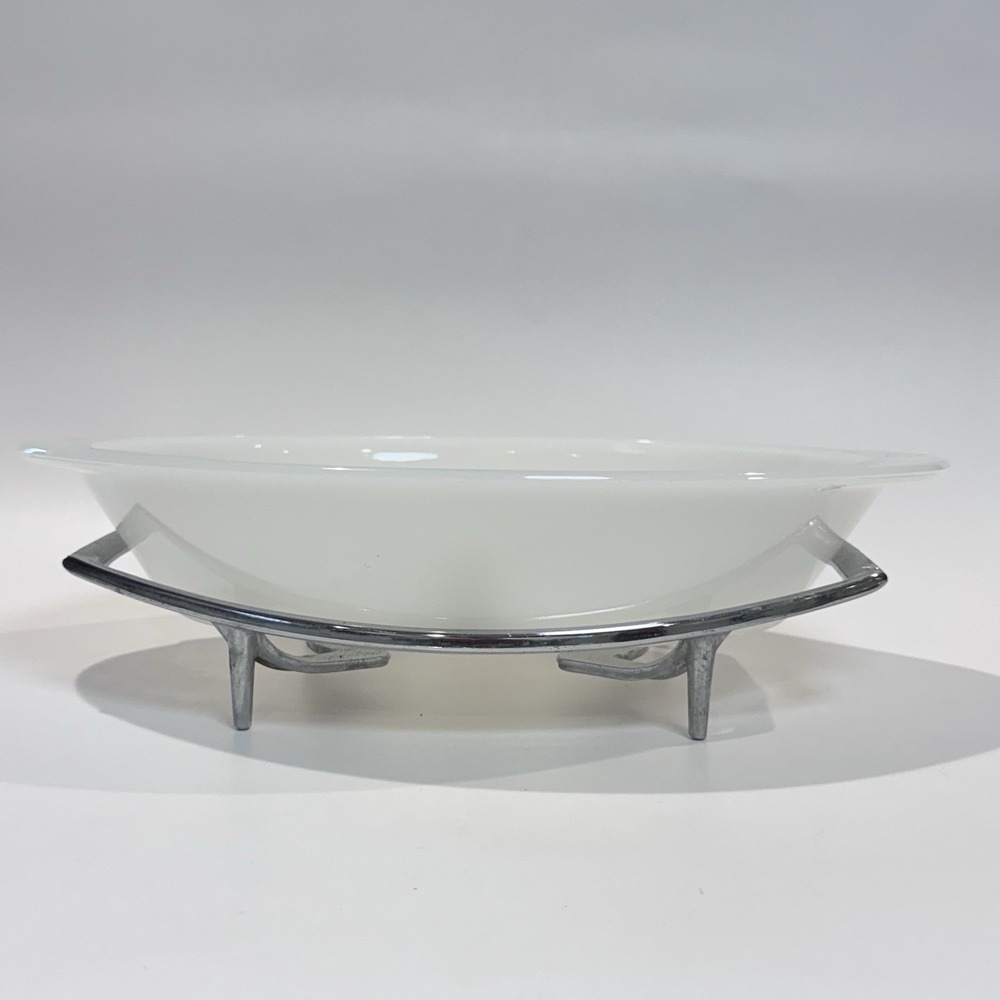 Vintage Glasbake White Milk Glass Divided Casserole‎ & Corning Ware Silver Stand